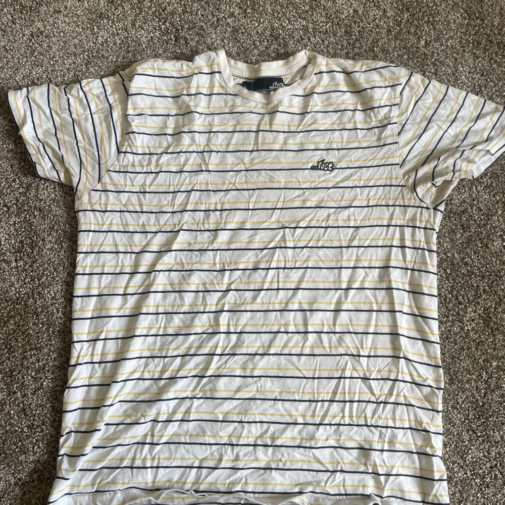 Aeropostale Men's White Tee with Blue and Yellow Stripes